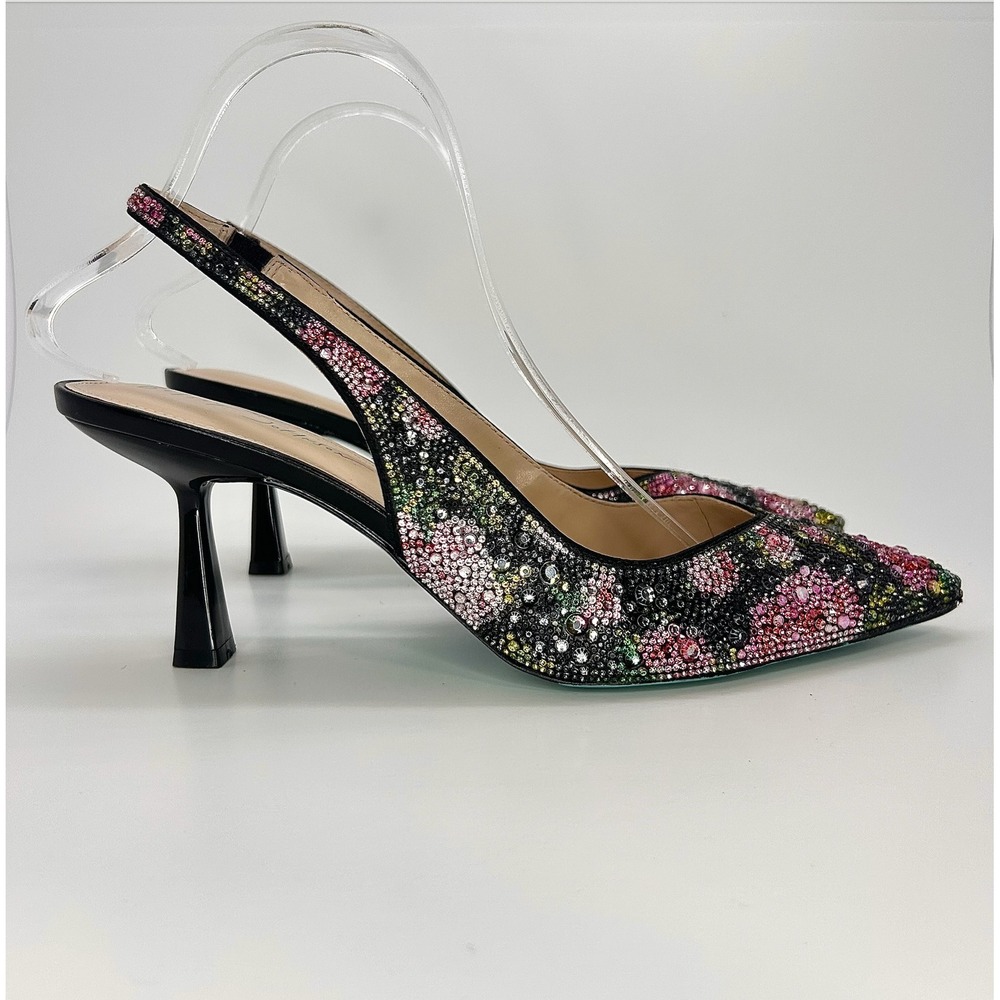 Betsey Johnson Clark Rhinestone Floral Slingback Pumps Black Pink Heels 10 NWOT - Picture 3 of 12